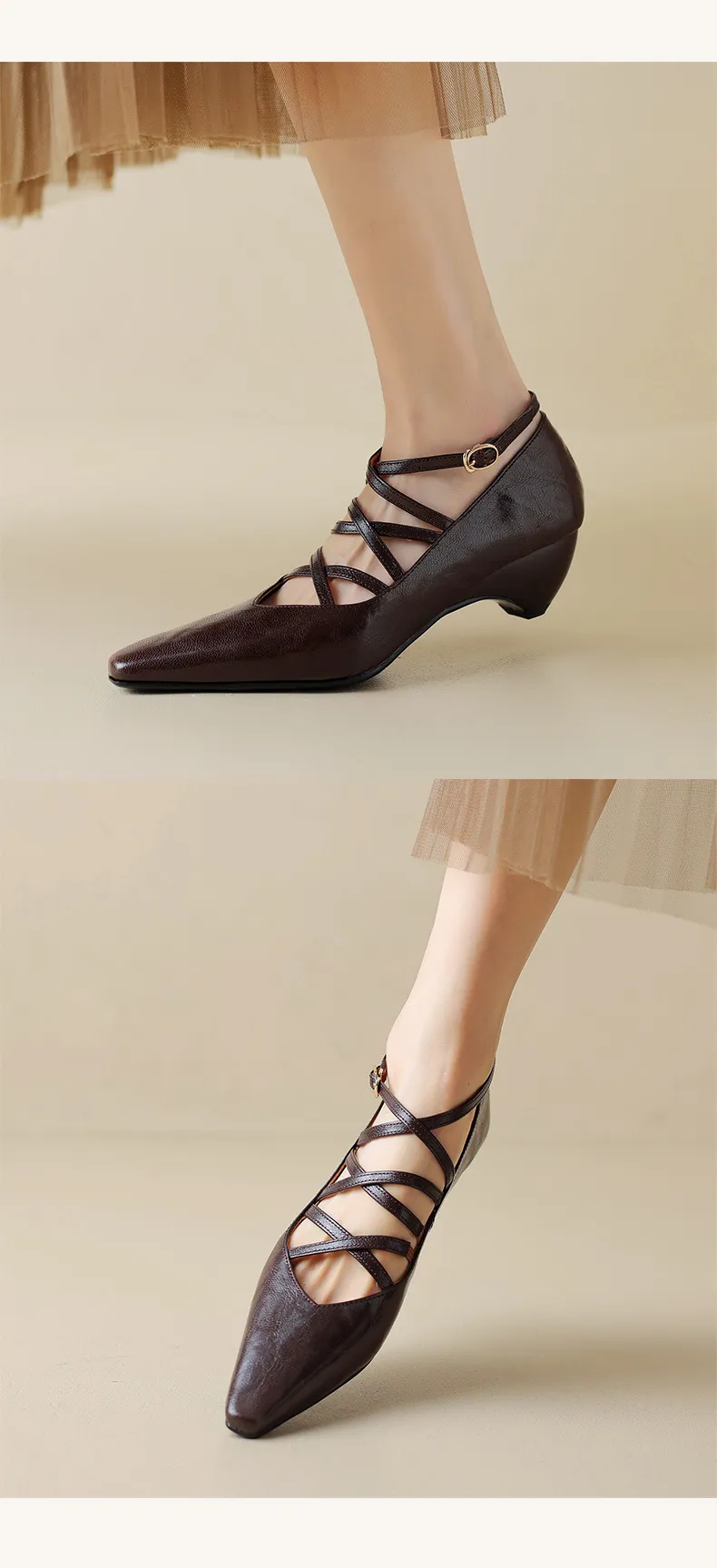 Autumn square-toe cross strap buckle single shoes, French retro hand-scratched sheepskin Mary Jane kitten heel women's shoes