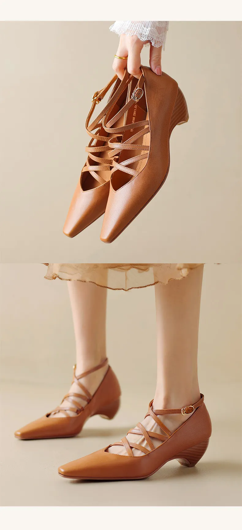 Autumn square-toe cross strap buckle single shoes, French retro hand-scratched sheepskin Mary Jane kitten heel women's shoes