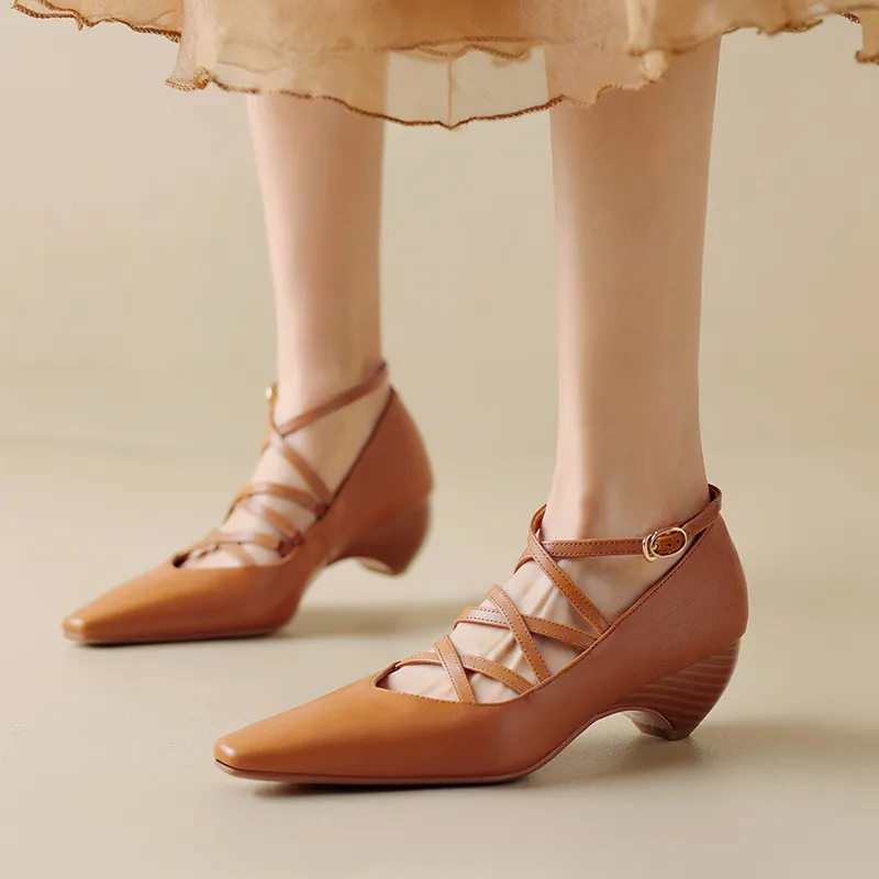 Autumn square-toe cross strap buckle single shoes, French retro hand-scratched sheepskin Mary Jane kitten heel women's shoes