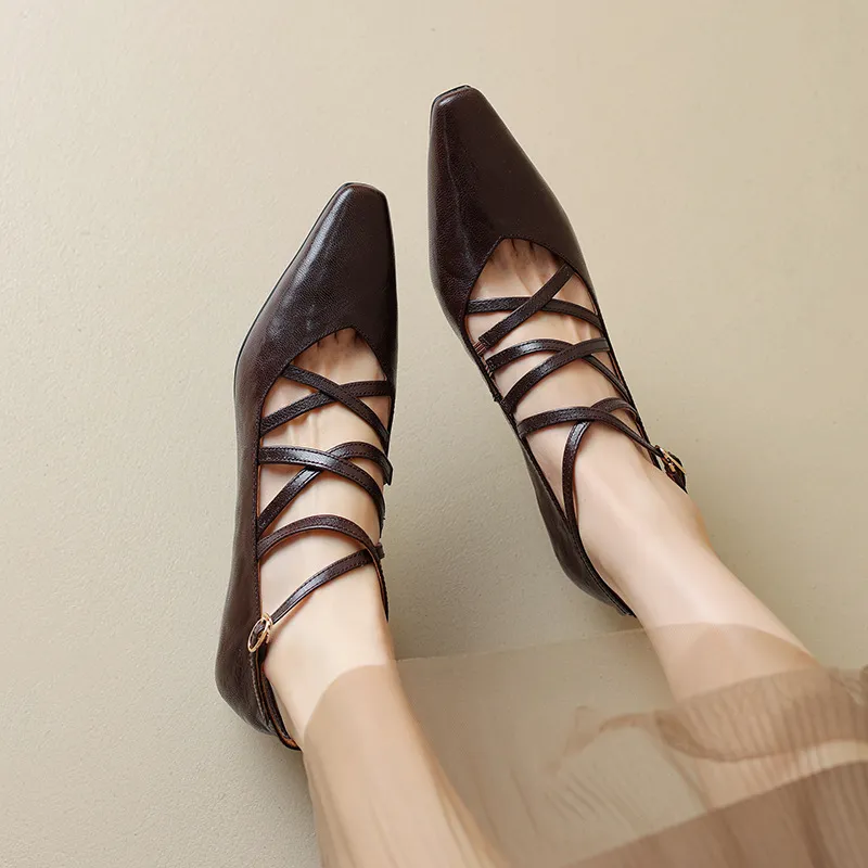 Autumn square-toe cross strap buckle single shoes, French retro hand-scratched sheepskin Mary Jane kitten heel women's shoes