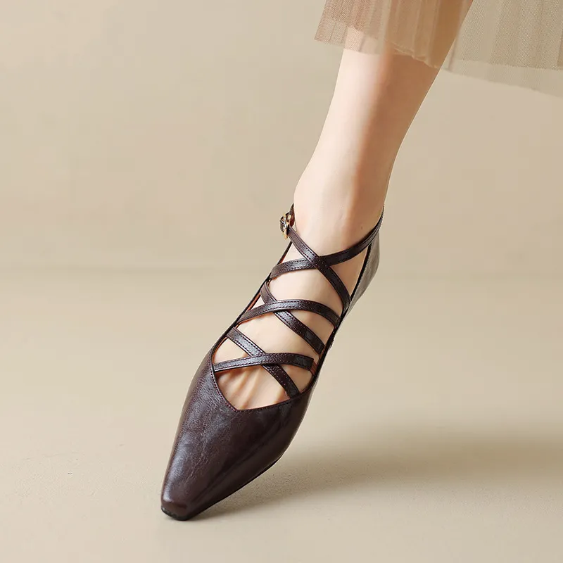 Autumn square-toe cross strap buckle single shoes, French retro hand-scratched sheepskin Mary Jane kitten heel women's shoes