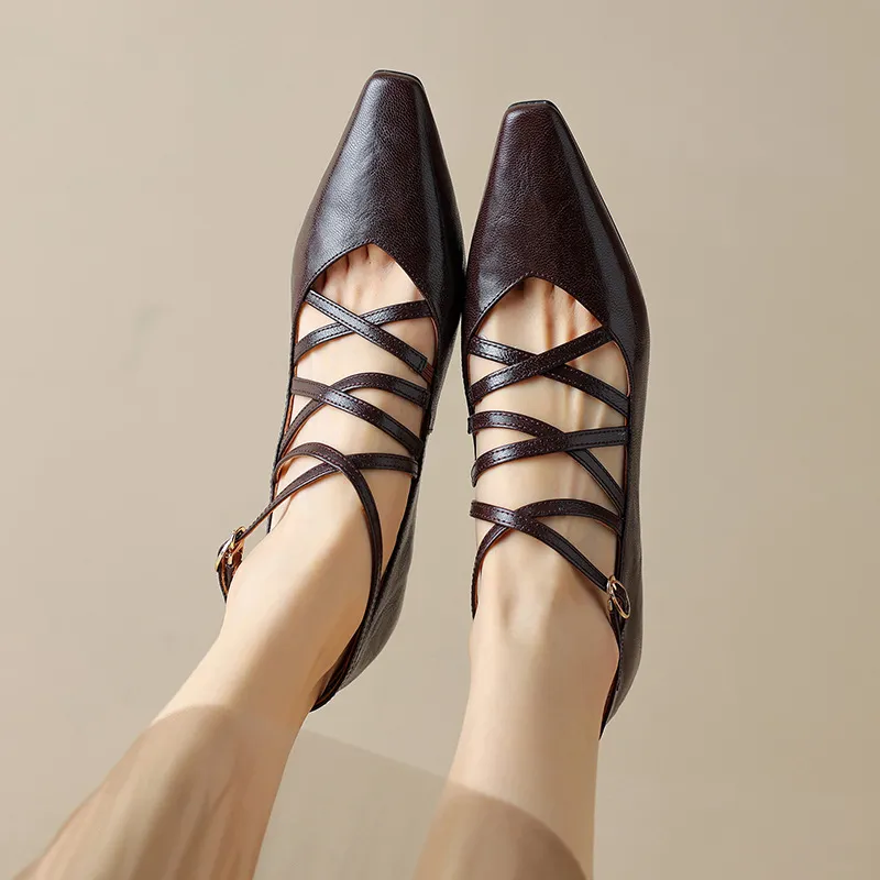 Autumn square-toe cross strap buckle single shoes, French retro hand-scratched sheepskin Mary Jane kitten heel women's shoes