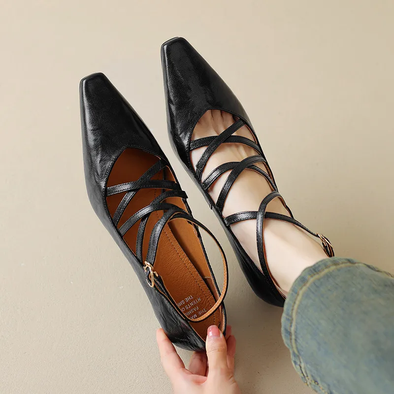 Autumn square-toe cross strap buckle single shoes, French retro hand-scratched sheepskin Mary Jane kitten heel women's shoes