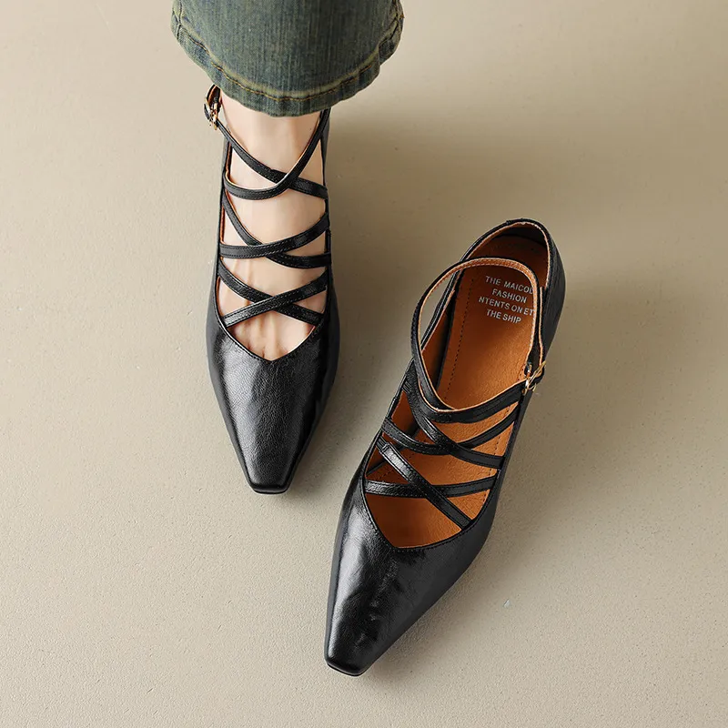 Autumn square-toe cross strap buckle single shoes, French retro hand-scratched sheepskin Mary Jane kitten heel women's shoes