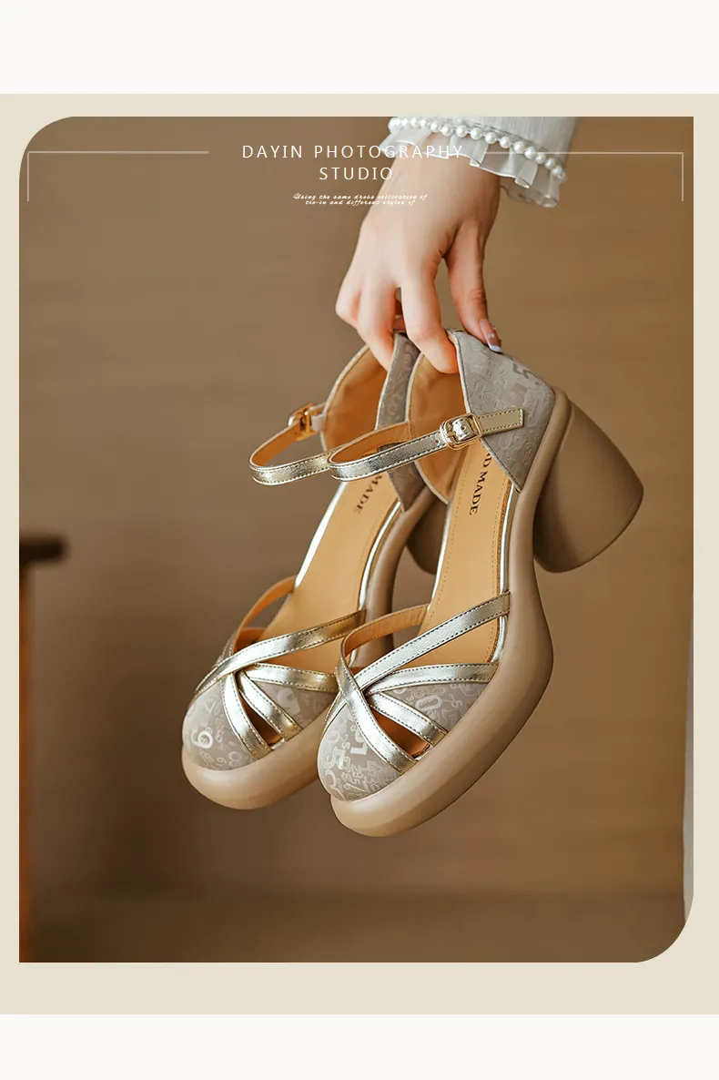 Summer round-toe high-heeled hollow women's shoes, fashionable high-heeled platform retro closed-toe pig cage hollow sandals