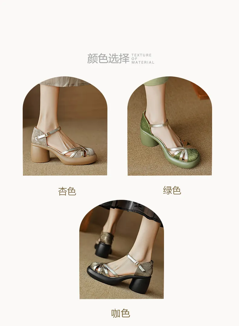 Summer round-toe high-heeled hollow women's shoes, fashionable high-heeled platform retro closed-toe pig cage hollow sandals