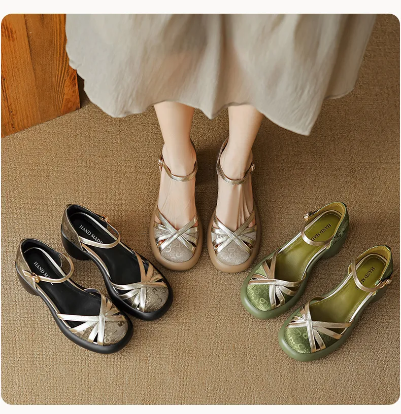 Summer round-toe high-heeled hollow women's shoes, fashionable high-heeled platform retro closed-toe pig cage hollow sandals