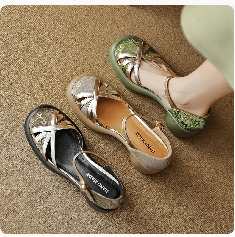 Summer round-toe high-heeled hollow women's shoes, fashionable high-heeled platform retro closed-toe pig cage hollow sandals