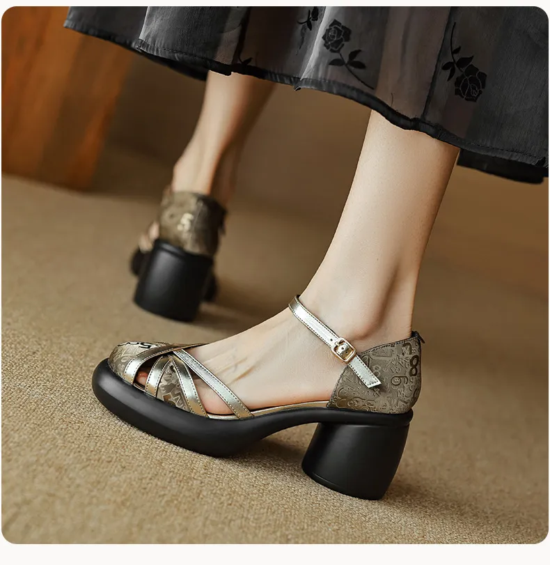 Summer round-toe high-heeled hollow women's shoes, fashionable high-heeled platform retro closed-toe pig cage hollow sandals