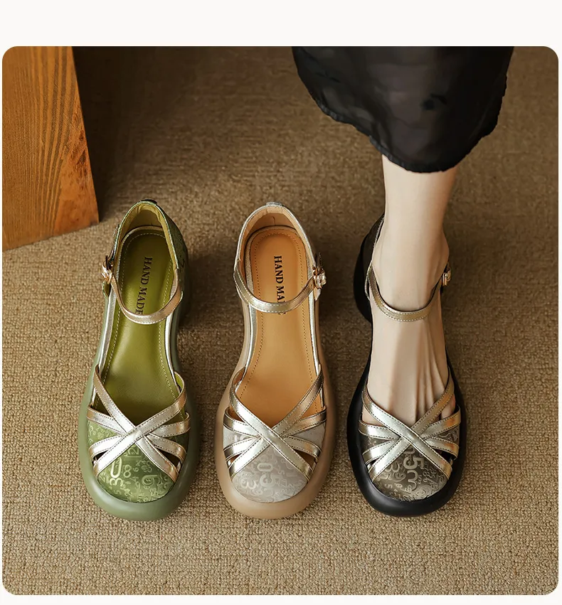 Summer round-toe high-heeled hollow women's shoes, fashionable high-heeled platform retro closed-toe pig cage hollow sandals