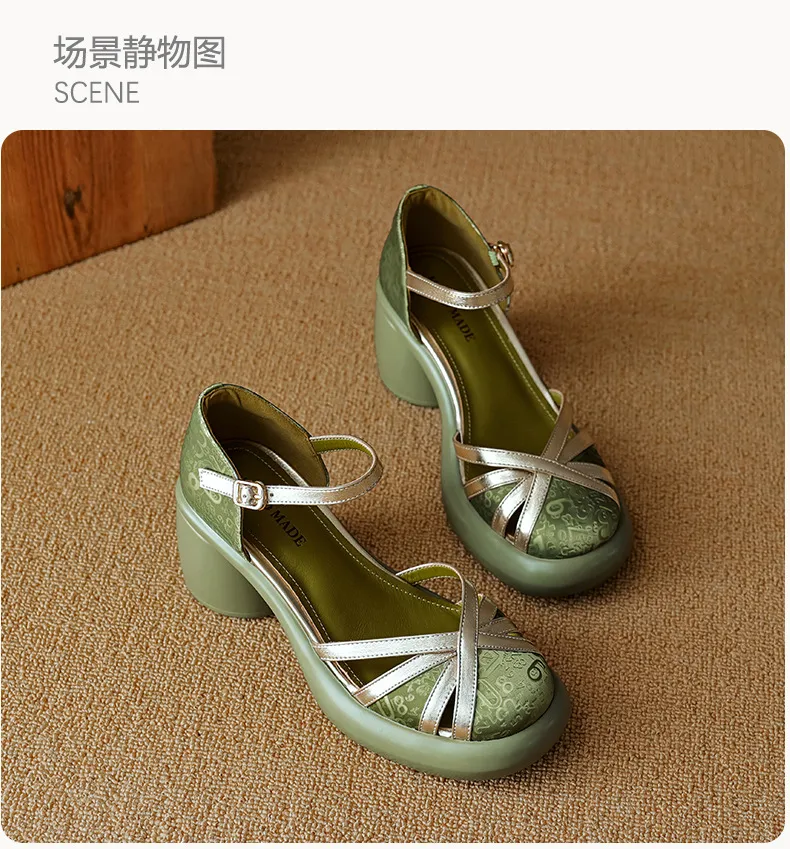 Summer round-toe high-heeled hollow women's shoes, fashionable high-heeled platform retro closed-toe pig cage hollow sandals