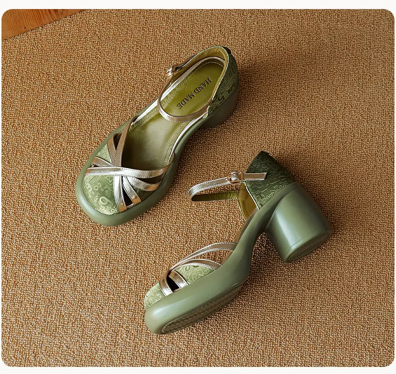 Summer round-toe high-heeled hollow women's shoes, fashionable high-heeled platform retro closed-toe pig cage hollow sandals