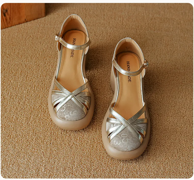 Summer round-toe high-heeled hollow women's shoes, fashionable high-heeled platform retro closed-toe pig cage hollow sandals