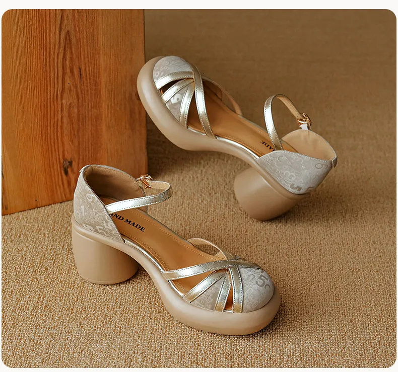 Summer round-toe high-heeled hollow women's shoes, fashionable high-heeled platform retro closed-toe pig cage hollow sandals