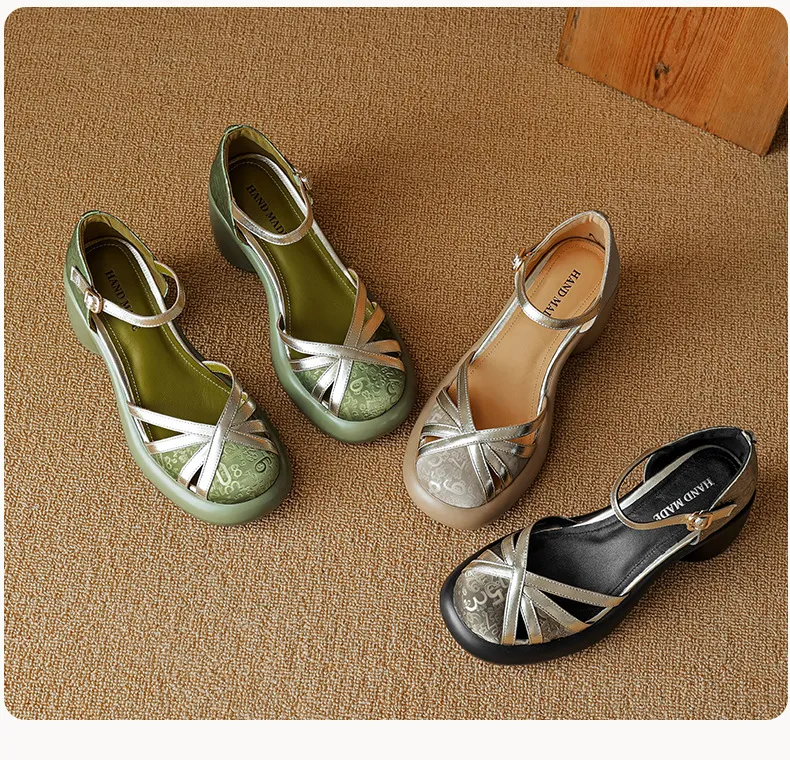 Summer round-toe high-heeled hollow women's shoes, fashionable high-heeled platform retro closed-toe pig cage hollow sandals