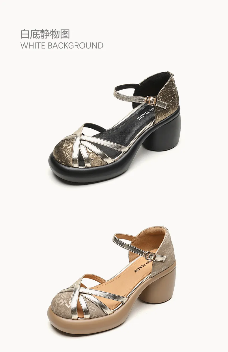 Summer round-toe high-heeled hollow women's shoes, fashionable high-heeled platform retro closed-toe pig cage hollow sandals