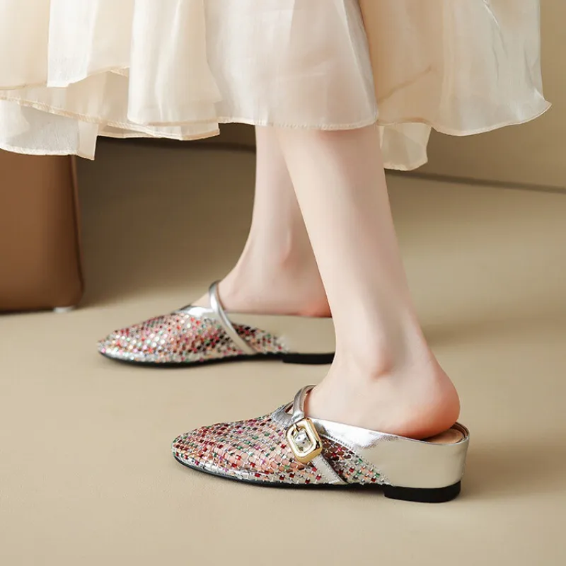Summer slippers, mesh and rhinestone design, light luxury niche French style women's shoes, fashionable outdoor retro sandals