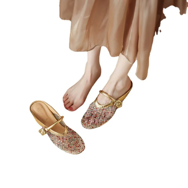 Summer slippers, mesh and rhinestone design, light luxury niche French style women's shoes, fashionable outdoor retro sandals