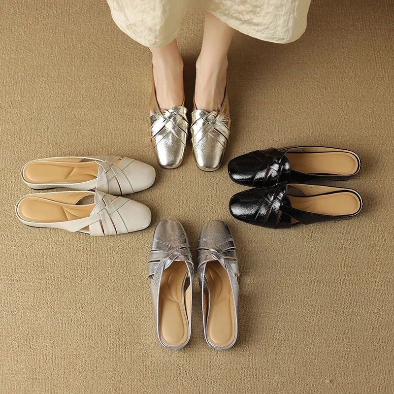Summer handmade women's leather slippers, low heel, Korean style, round toe, closed toe, half slippers, suitable for wearing outside.
