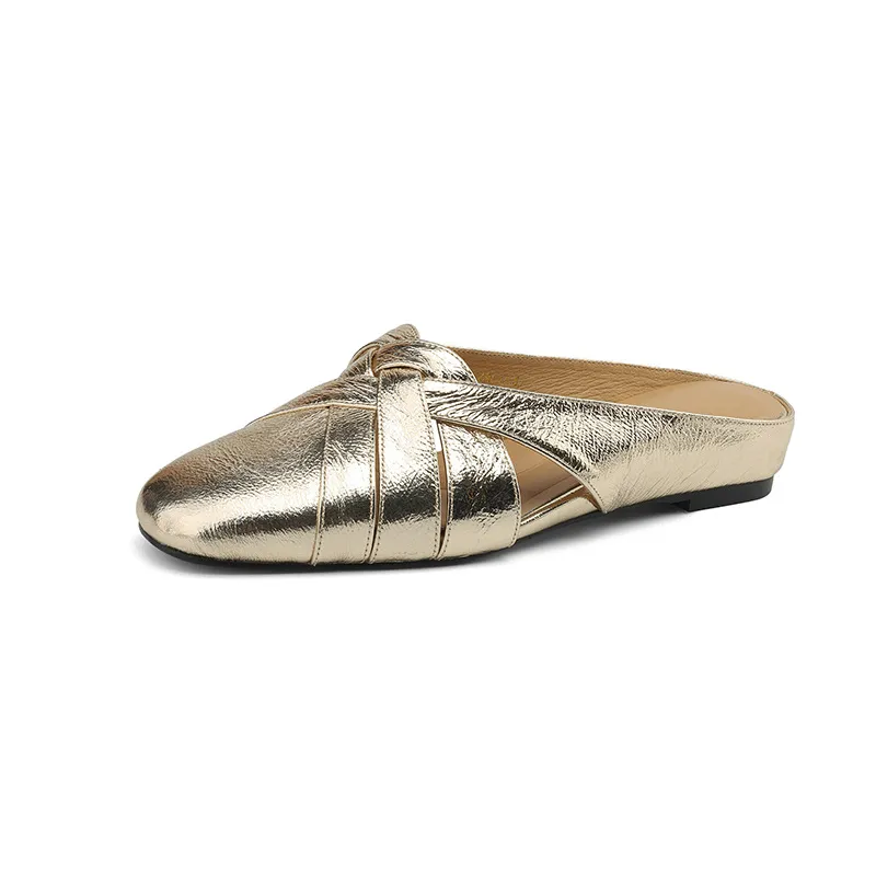 Summer handmade women's leather slippers, low heel, Korean style, round toe, closed toe, half slippers, suitable for wearing outside.