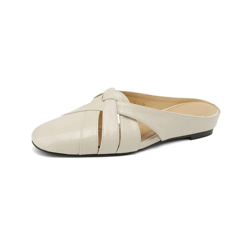 Summer handmade women's leather slippers, low heel, Korean style, round toe, closed toe, half slippers, suitable for wearing outside.
