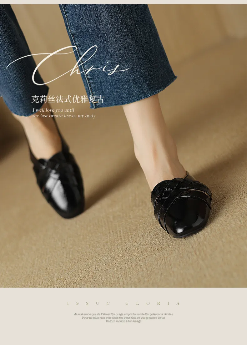 Summer handmade women's leather slippers, low heel, Korean style, round toe, closed toe, half slippers, suitable for wearing outside.
