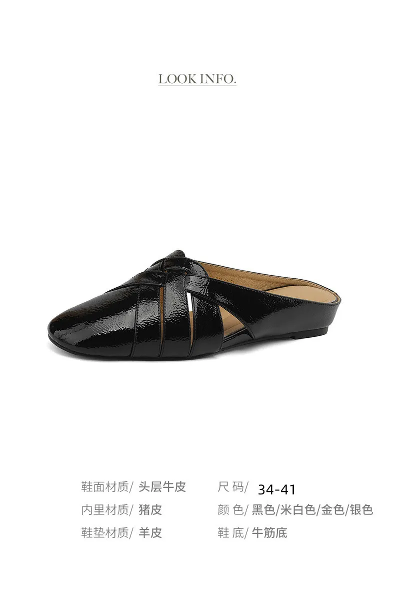 Summer handmade women's leather slippers, low heel, Korean style, round toe, closed toe, half slippers, suitable for wearing outside.