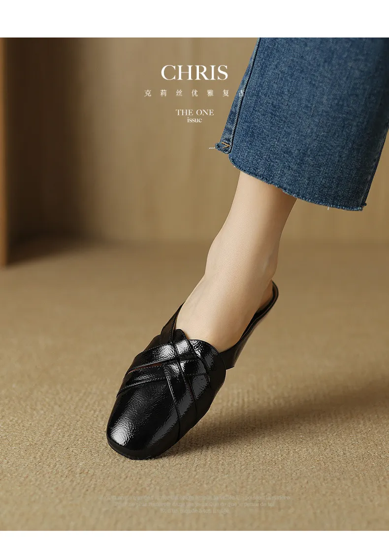 Summer handmade women's leather slippers, low heel, Korean style, round toe, closed toe, half slippers, suitable for wearing outside.