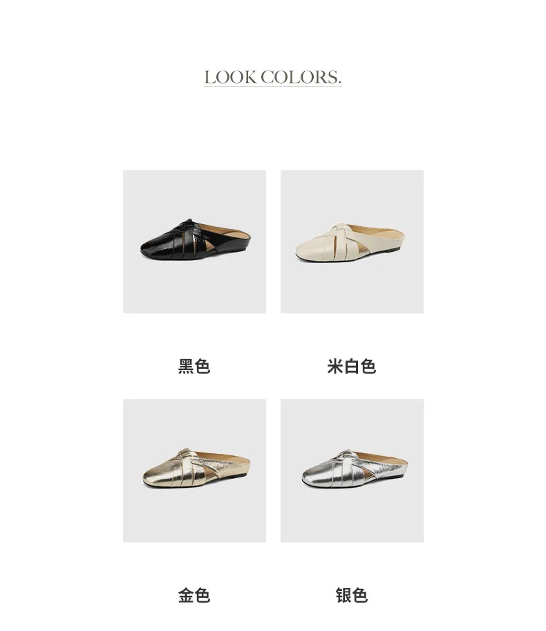 Summer handmade women's leather slippers, low heel, Korean style, round toe, closed toe, half slippers, suitable for wearing outside.