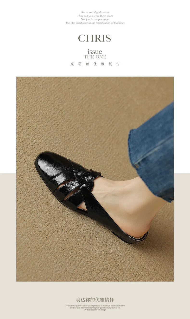 Summer handmade women's leather slippers, low heel, Korean style, round toe, closed toe, half slippers, suitable for wearing outside.