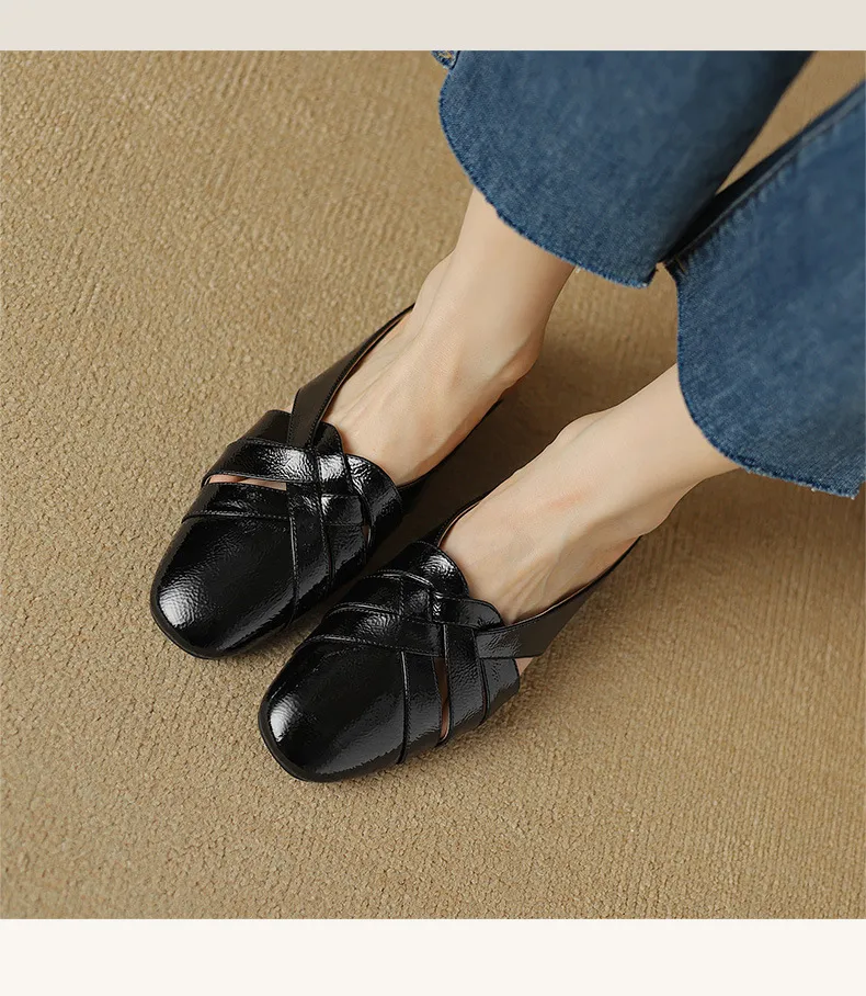 Summer handmade women's leather slippers, low heel, Korean style, round toe, closed toe, half slippers, suitable for wearing outside.