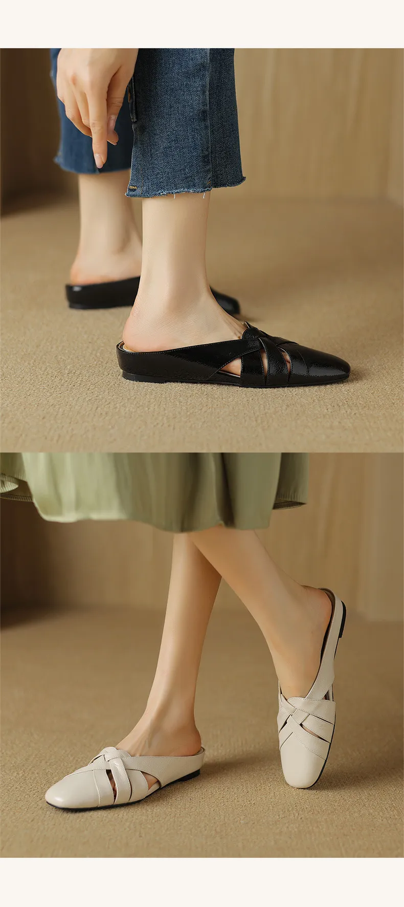 Summer handmade women's leather slippers, low heel, Korean style, round toe, closed toe, half slippers, suitable for wearing outside.