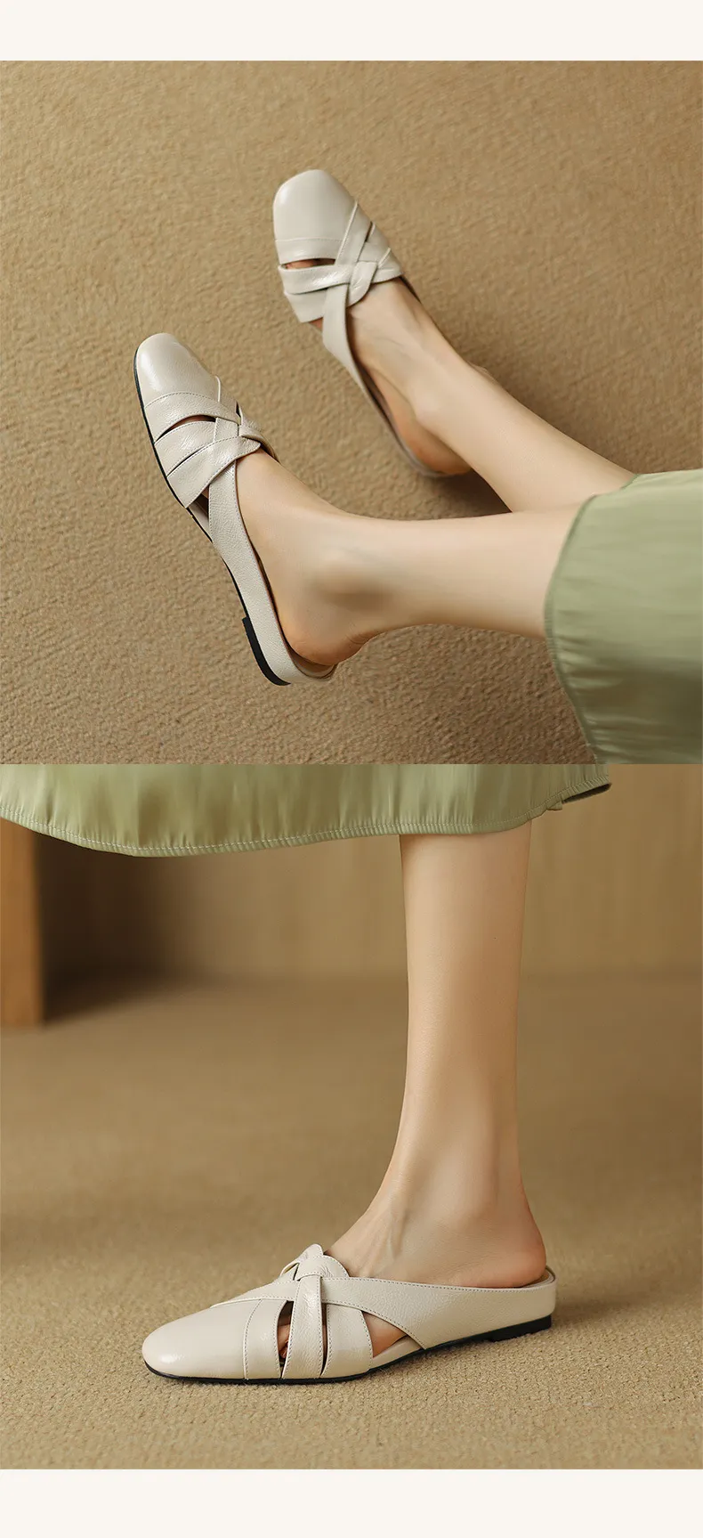 Summer handmade women's leather slippers, low heel, Korean style, round toe, closed toe, half slippers, suitable for wearing outside.