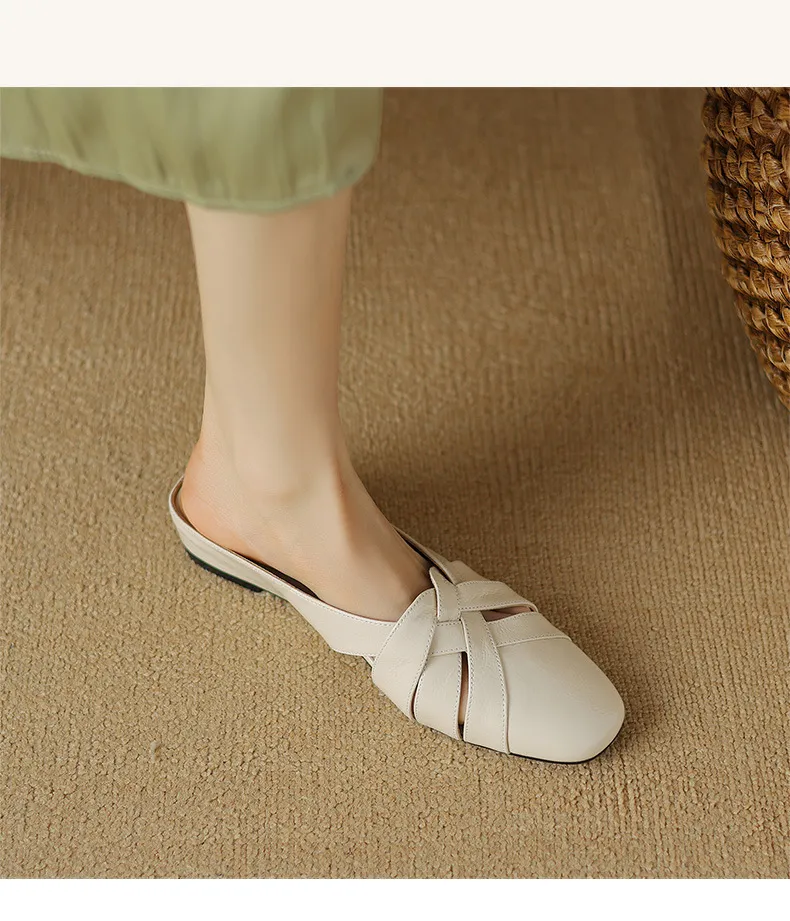 Summer handmade women's leather slippers, low heel, Korean style, round toe, closed toe, half slippers, suitable for wearing outside.