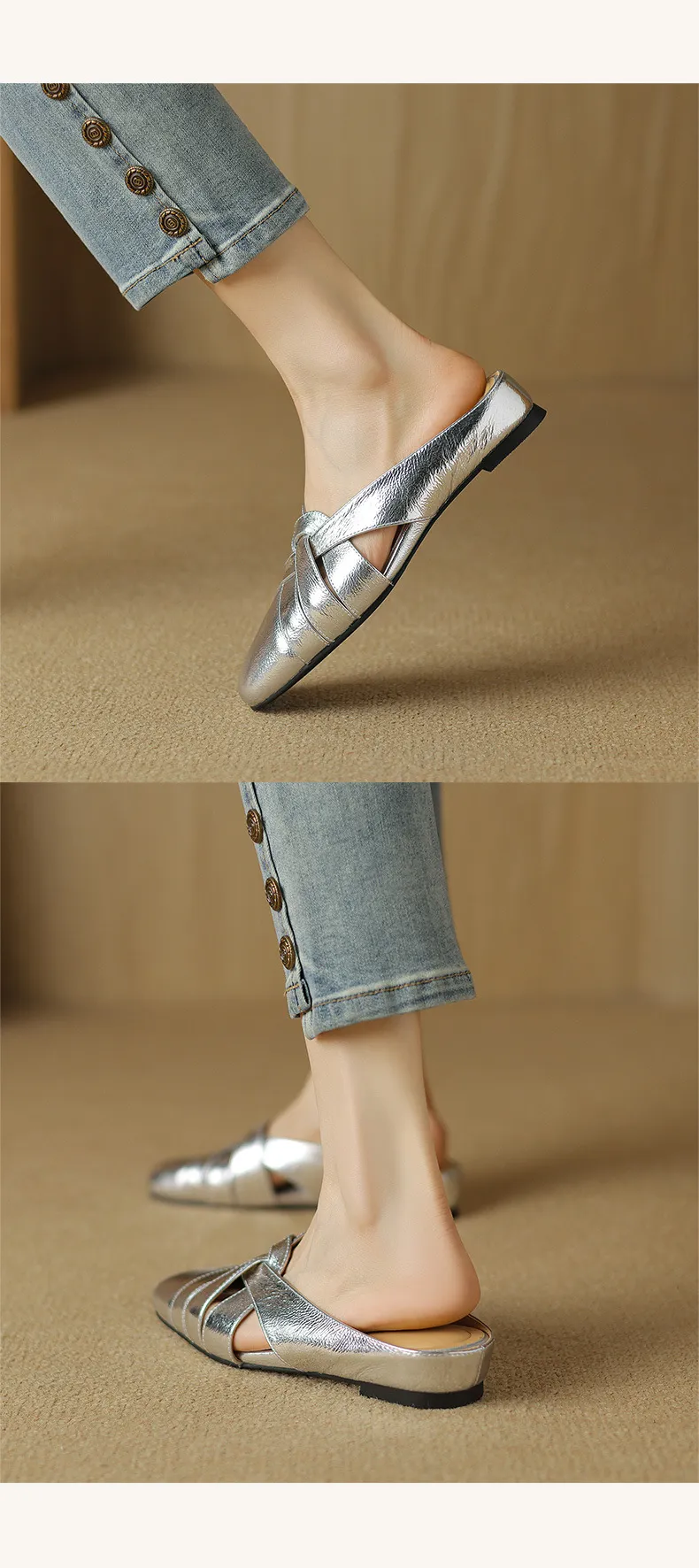 Summer handmade women's leather slippers, low heel, Korean style, round toe, closed toe, half slippers, suitable for wearing outside.