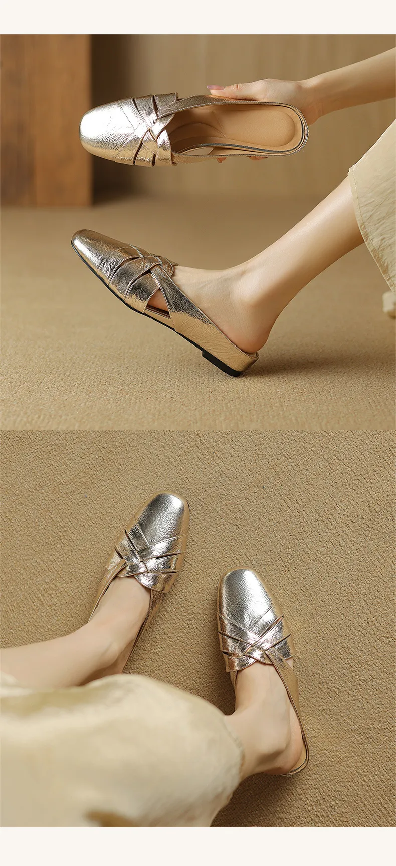 Summer handmade women's leather slippers, low heel, Korean style, round toe, closed toe, half slippers, suitable for wearing outside.