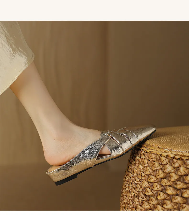 Summer handmade women's leather slippers, low heel, Korean style, round toe, closed toe, half slippers, suitable for wearing outside.