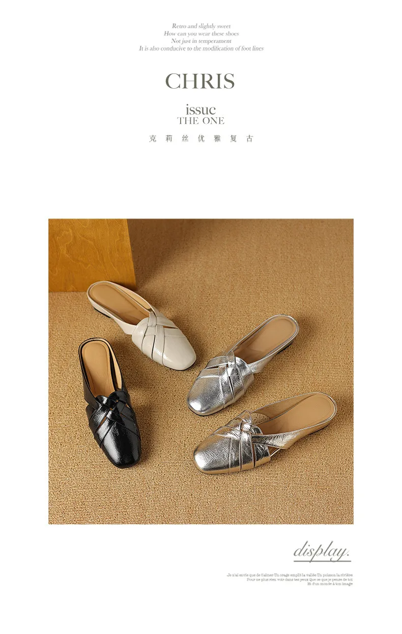 Summer handmade women's leather slippers, low heel, Korean style, round toe, closed toe, half slippers, suitable for wearing outside.
