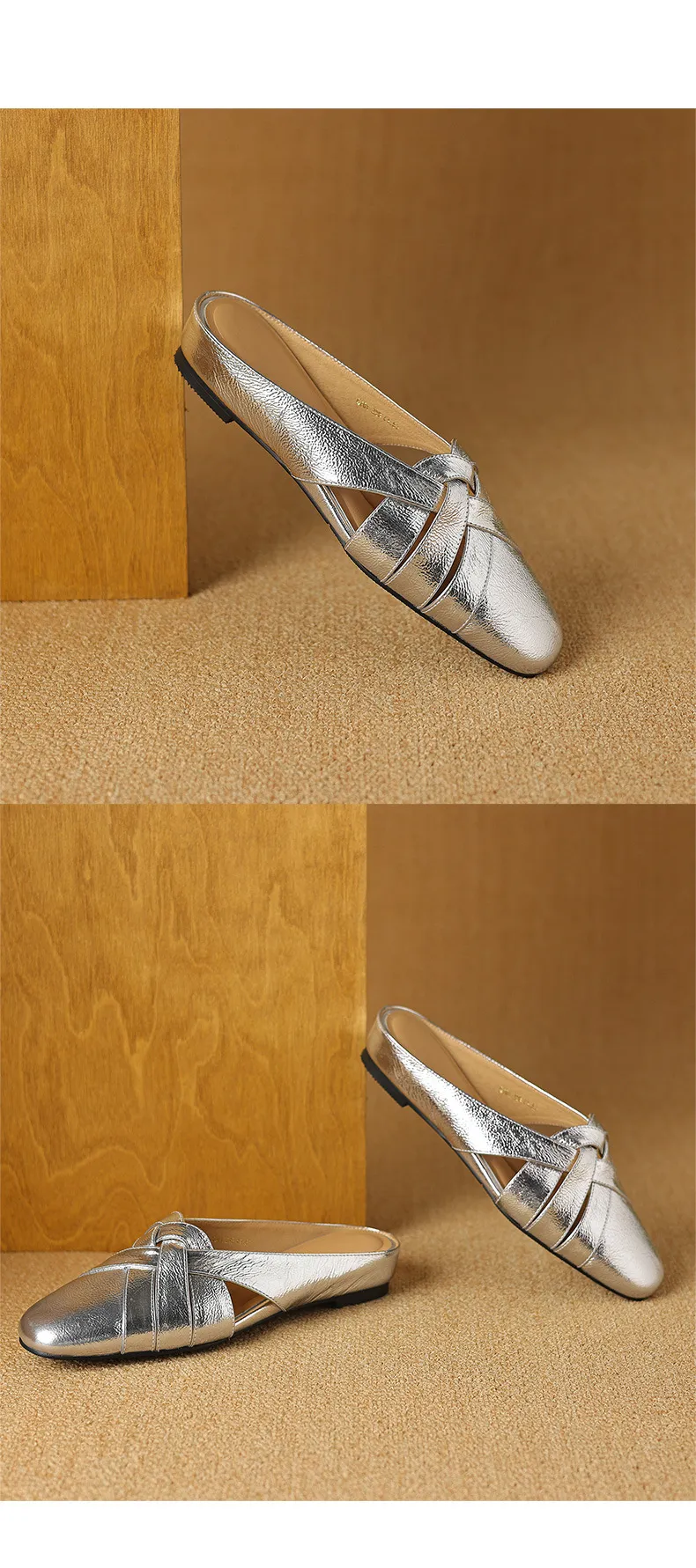 Summer handmade women's leather slippers, low heel, Korean style, round toe, closed toe, half slippers, suitable for wearing outside.