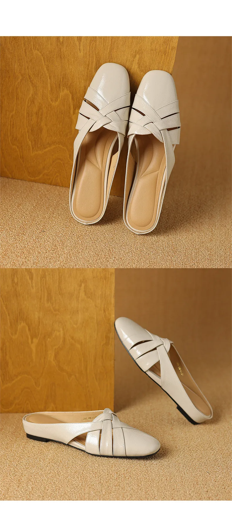 Summer handmade women's leather slippers, low heel, Korean style, round toe, closed toe, half slippers, suitable for wearing outside.