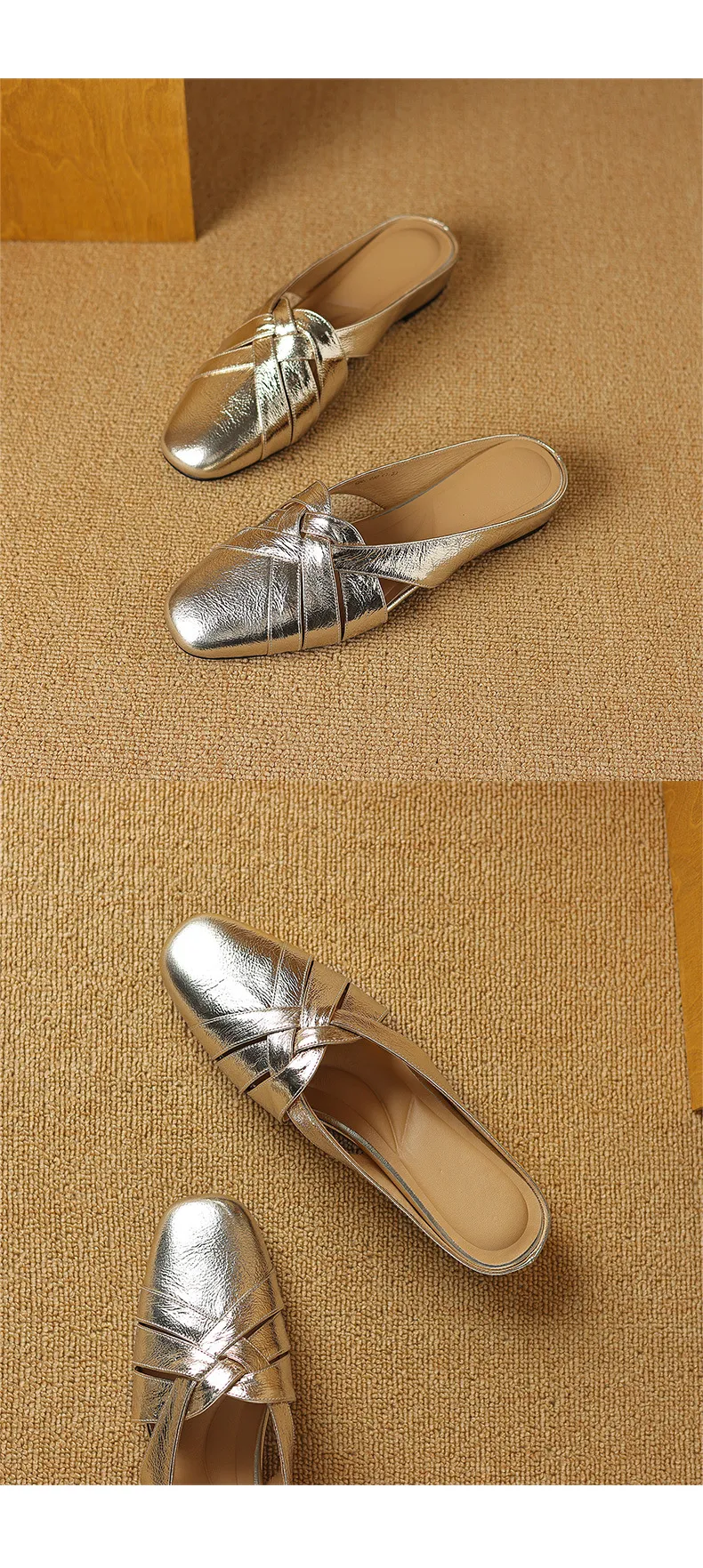 Summer handmade women's leather slippers, low heel, Korean style, round toe, closed toe, half slippers, suitable for wearing outside.