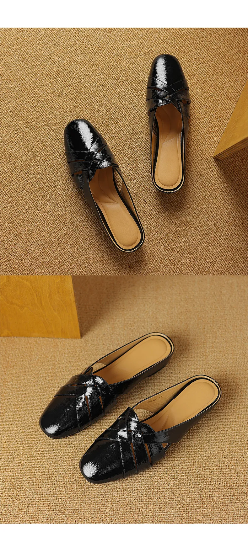 Summer handmade women's leather slippers, low heel, Korean style, round toe, closed toe, half slippers, suitable for wearing outside.
