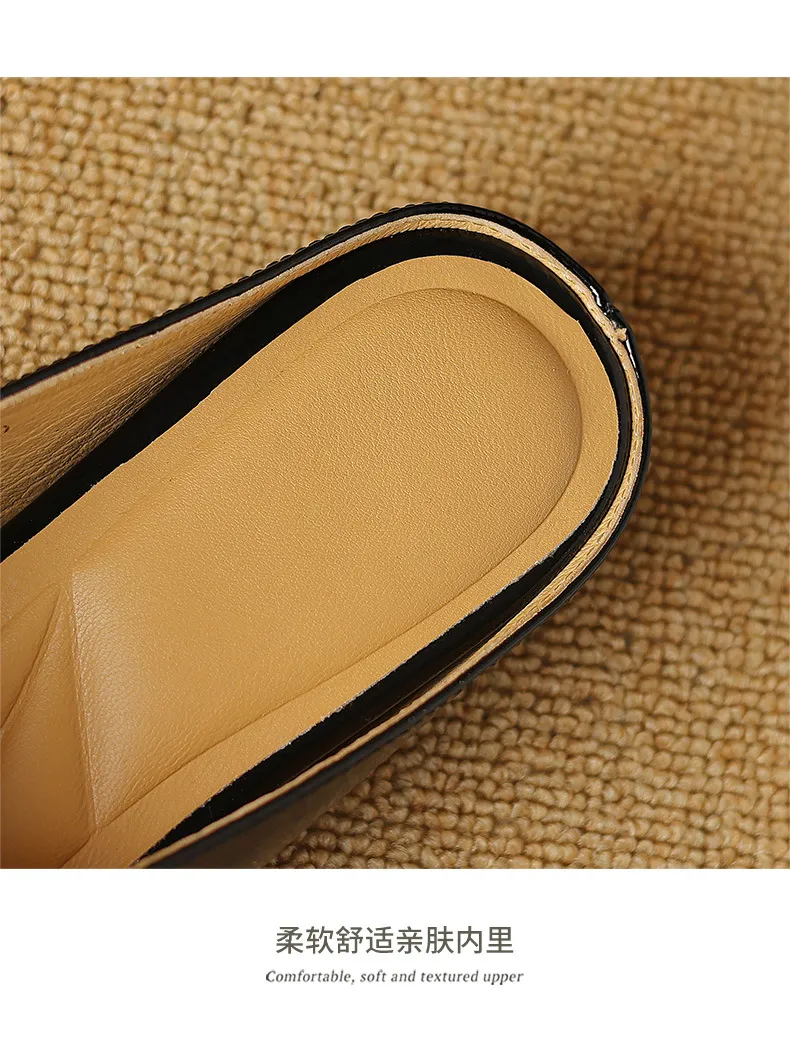 Summer handmade women's leather slippers, low heel, Korean style, round toe, closed toe, half slippers, suitable for wearing outside.