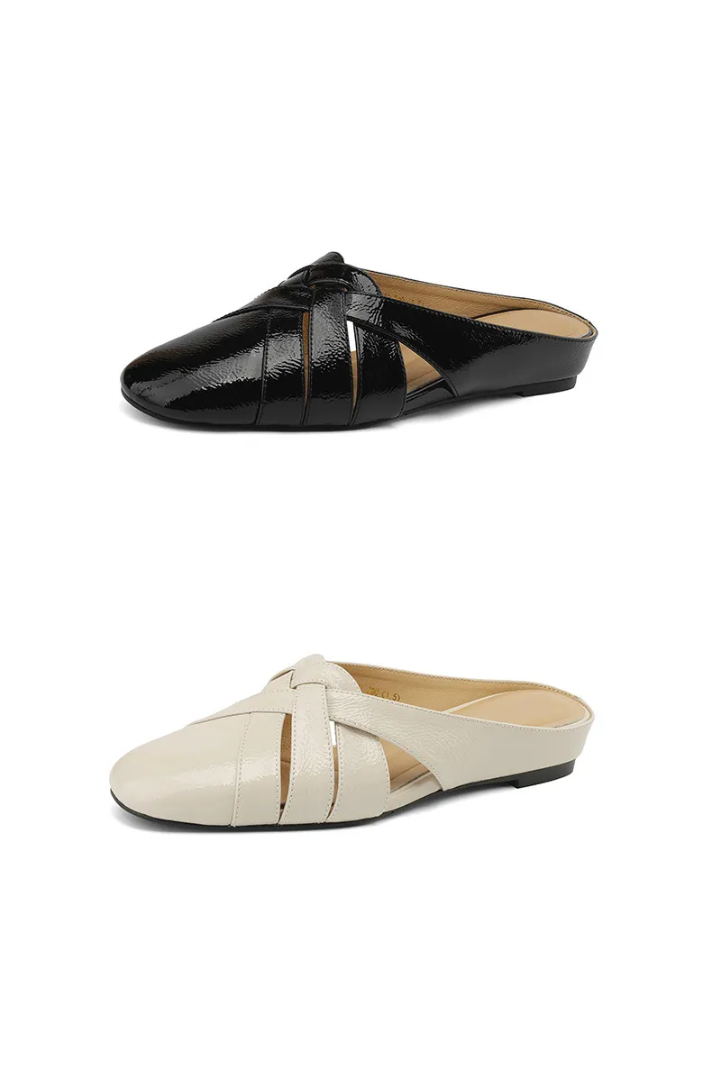 Summer handmade women's leather slippers, low heel, Korean style, round toe, closed toe, half slippers, suitable for wearing outside.