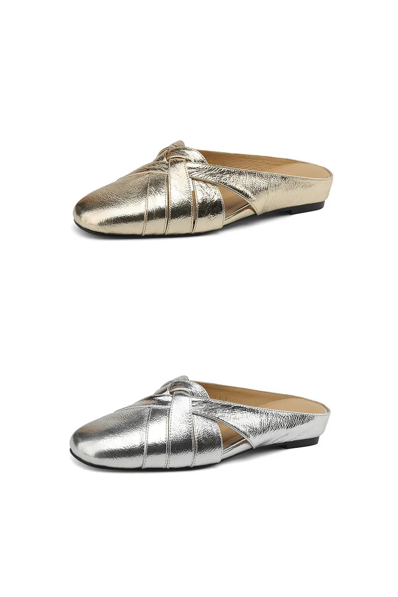 Summer handmade women's leather slippers, low heel, Korean style, round toe, closed toe, half slippers, suitable for wearing outside.