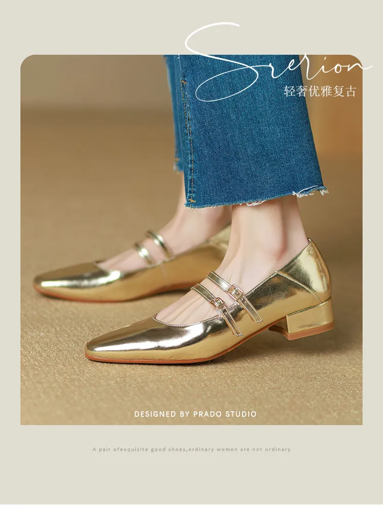 Gold and silver Mary Jane leather flats with a chunky low heel, square toe, and double buckle, perfect for spring and autumn. Very soft.