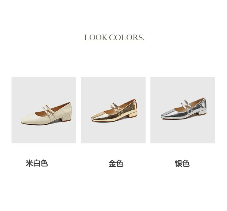 Gold and silver Mary Jane leather flats with a chunky low heel, square toe, and double buckle, perfect for spring and autumn. Very soft.