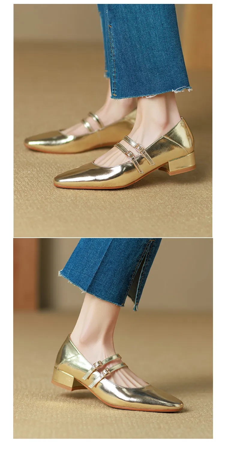 Gold and silver Mary Jane leather flats with a chunky low heel, square toe, and double buckle, perfect for spring and autumn. Very soft.
