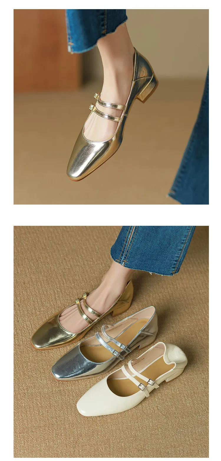 Gold and silver Mary Jane leather flats with a chunky low heel, square toe, and double buckle, perfect for spring and autumn. Very soft.