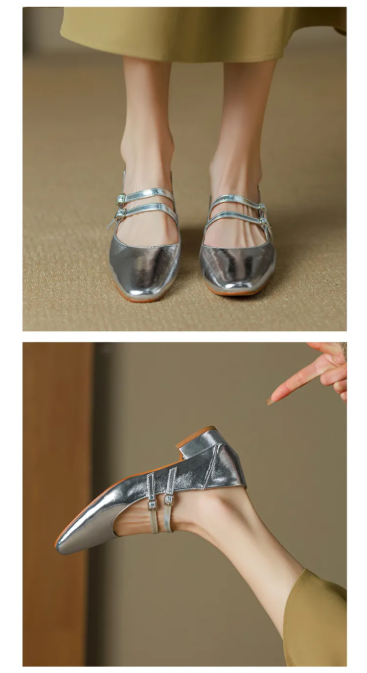 Gold and silver Mary Jane leather flats with a chunky low heel, square toe, and double buckle, perfect for spring and autumn. Very soft.